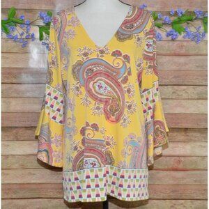 Melissa Paige Ladies XL Butter Yellow 3/4 Sleeve V-Neck Tunic Blouse Top Hippie